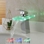 Battery Powered LED Waterfall Glass Spout Bathroom Basin Sink Mixer Faucet Taps