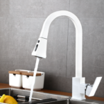Square Kitchen Sink Faucet White Pull Out and Down Mixer Brass Tap,Deck Mounted